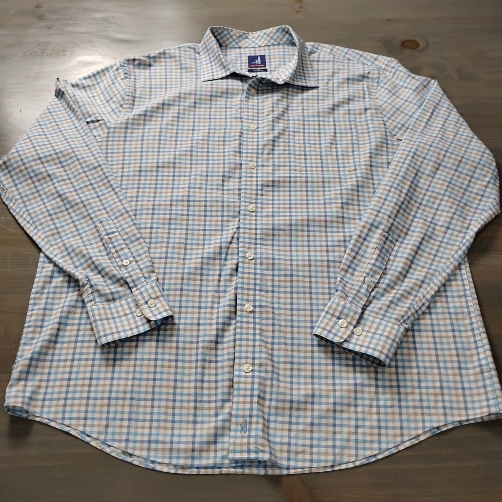 johnnie-O Prepformance Size XL Blue Tan Grid Plaid Lightweight Button Down - Picture 2 of 11
